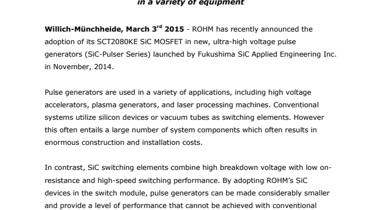 SiC MOSFETs for Ultra-High Voltage Pulse Generators -- Providing further miniaturization and greater performance in a variety of equipment