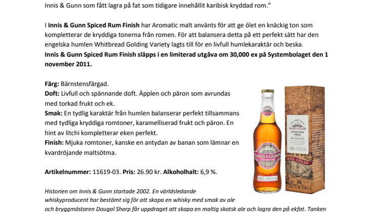 Innis & Gunn Spiced Rum Finish – unikt ölsläpp på Systembolaget. 