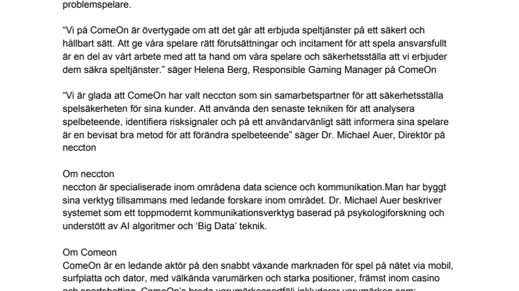 ComeOn ingår samarbete med neccton för att säkerhetsställa spelsäkerhet