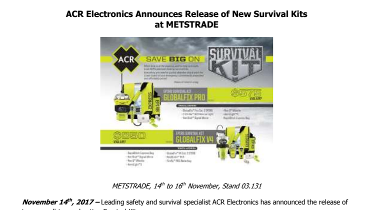 ACR Electronics Announces Release of New Survival Kits at METSTRADE