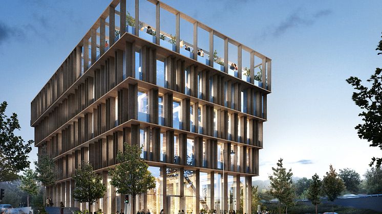 Trähuset Nodi i Nya Hovås blir en signaturbyggnad och entré för hela stadsdelen. Ritat av White Arkitekter.