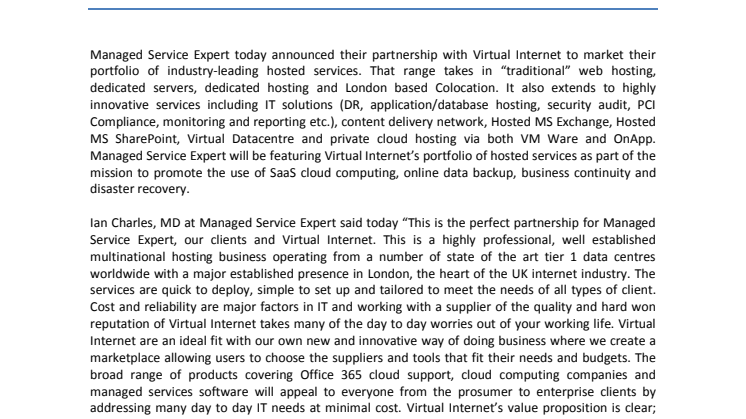 Managed Service Expert unveils partnership with Virtual Internet on innovative cloud services portal website.