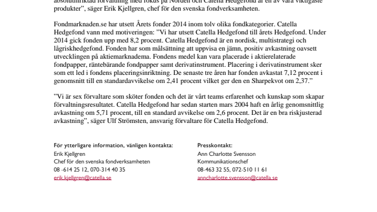 Catella Hedgefond utsedd till årets hedgefond