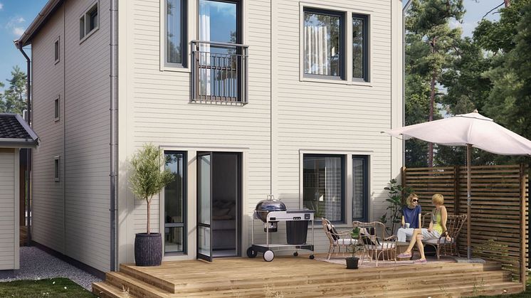 Brf Björnö Vik 2 - 3D-bild av de fristående husens baksida 