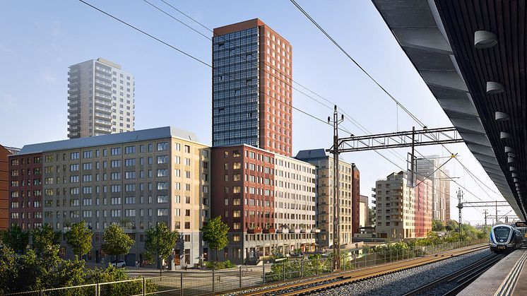 Tidig visionsskiss över Wallenstams planerade nybyggnation i Årstaberg. Arkitekt FOJAB.