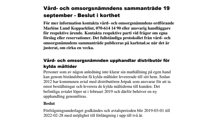 Vård- och omsorgsnämndens beslut i korthet 19 september
