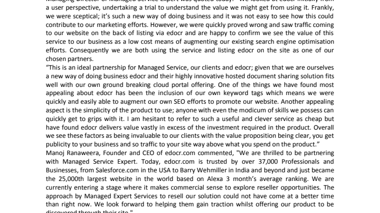 Managed Service Expert Announces Partnership with edocr