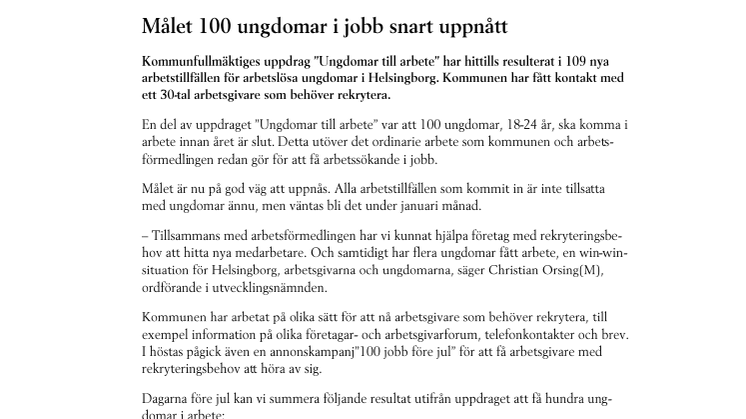 Målet 100 ungdomar i jobb snart uppnått
