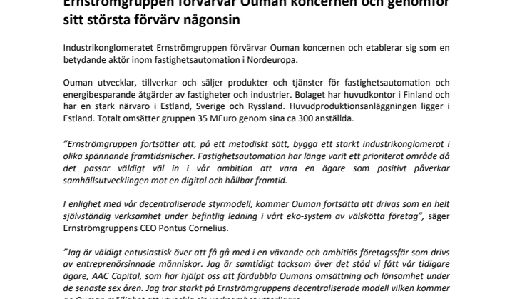 Ernströmgruppen förvärvar Ouman koncernen och genomför sitt största förvärv någonsin