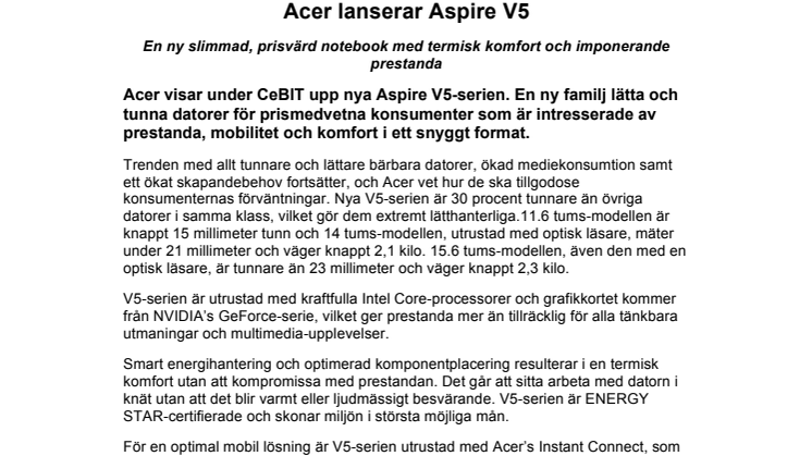 Acer lanserar Aspire V5 - En ny slimmad, prisvärd notebook med termisk komfort och imponerande prestanda