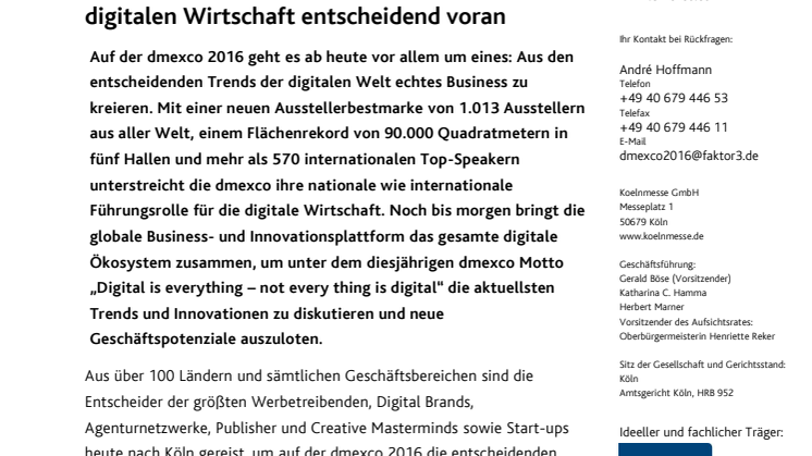 dmexco 2016 treibt das Business der globalen digitalen Wirtschaft entscheidend voran