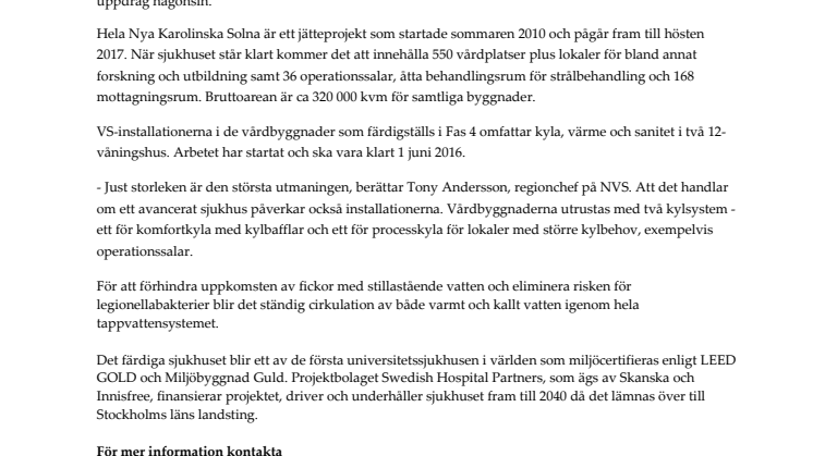 Nytt uppdrag för NVS på Nya Karolinska Solna
