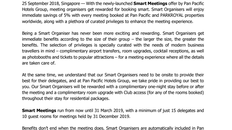 Pan Pacific Hotels Group launches new Smart Meetings offer