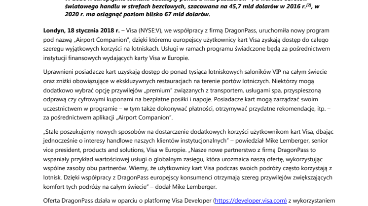 Visa we współpracy z DragonPass uruchamia nową usługę dla europejskich użytkowników kart