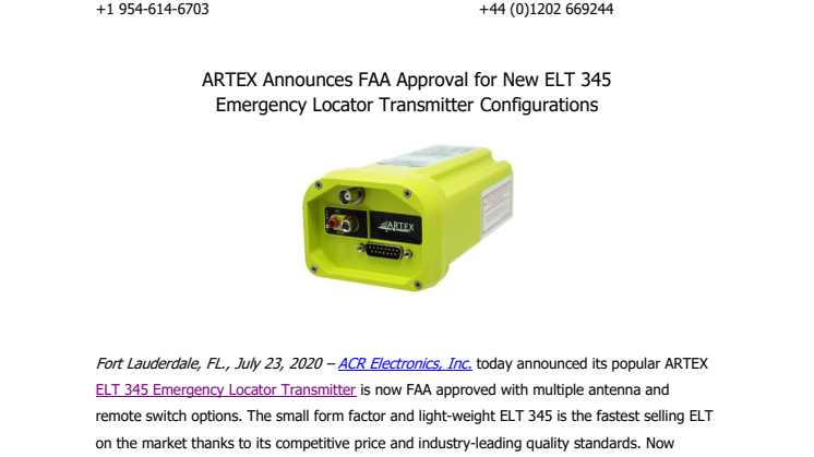ARTEX Announces FAA Approval for New ELT 345 Emergency Locator Transmitter Configurations