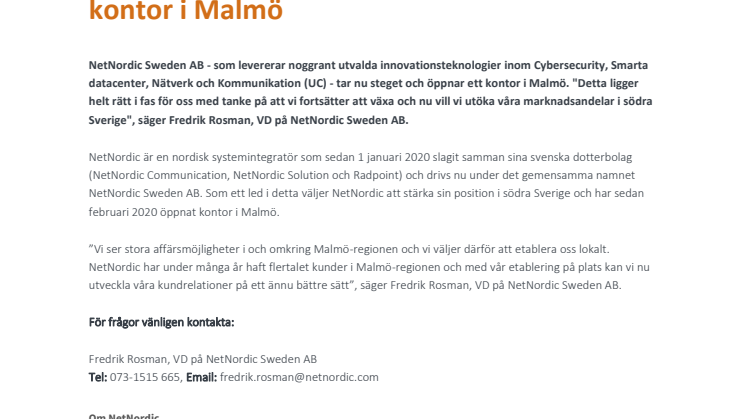 NetNordic Sweden AB växer och öppnar nu kontor i Malmö