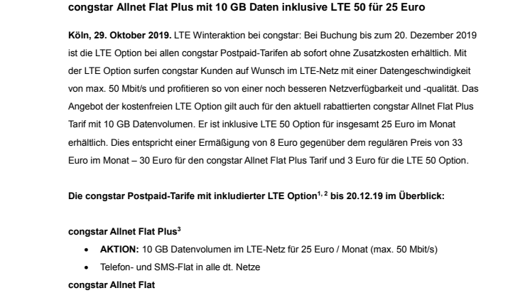 Bis 20. Dezember LTE ohne Zusatzkosten bei allen congstar Postpaid-Tarifen