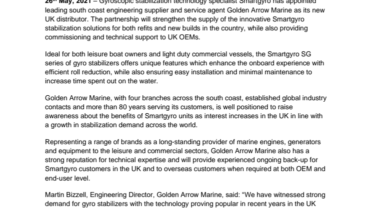 Stabilization Specialist Smartgyro Selects Golden Arrow Marine as UK Distributor