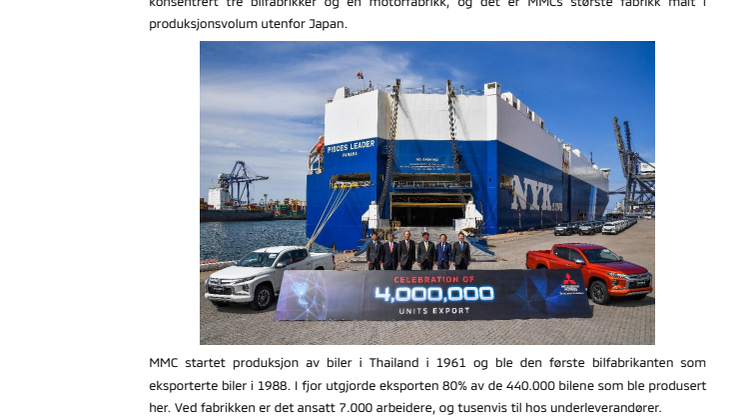 Mitsubishi med 4 millioner eksporterte biler fra fabrikk i Thailand