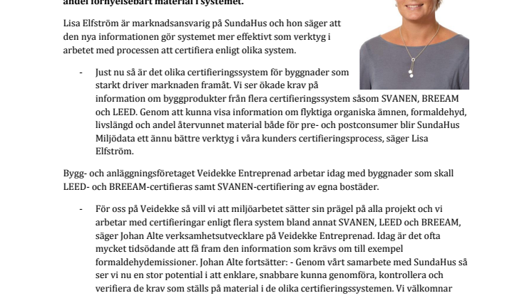SundaHus Miljödata utökas med information om emissioner, livslängd och förnyelsebart material