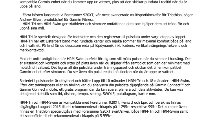 HRM-Tri™ och HRM-Swim™ – Garmins® första pulsband för simning