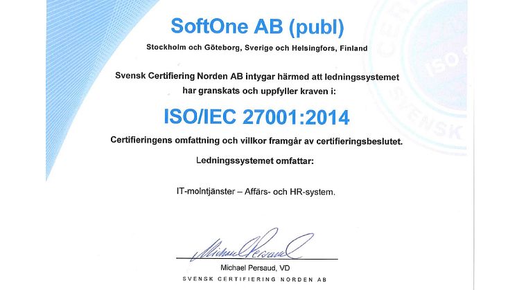 SoftOne har nu blivit  certifierade inom ISO 27001