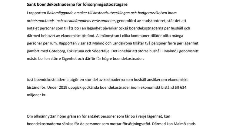 Sänk boendekostnaderna för försörjningsstödstagare