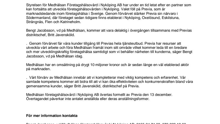 Previa förvärvar och utvecklar Medhälsan Företagshälsovård i Nyköping AB 