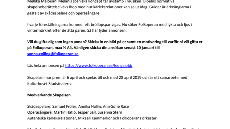 Folkoperan söker bröllopspar till Skapelsen