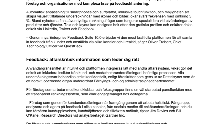 QuestBack lanserar Enterprise Feedback Suite 10.0  - den mest kraftfulla plattformen för feedback