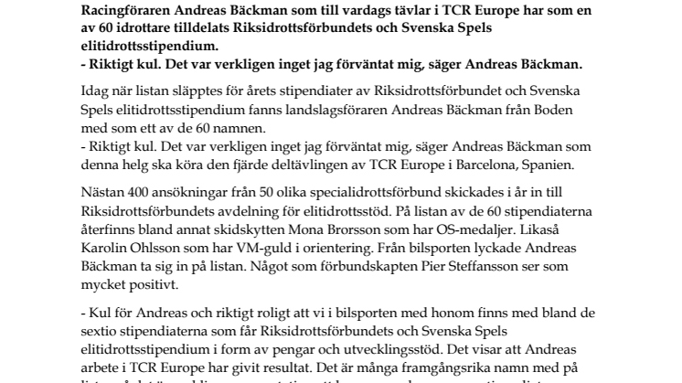 Andreas Bäckman får elitidrottsstipendium