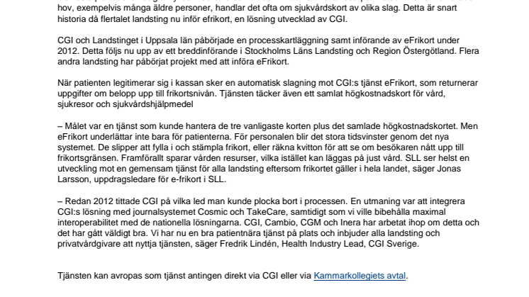 Stockholms Läns Landsting inför eFrikort - CGIs lösning underlättar vardagen för patienterna och frigör tid för personalen