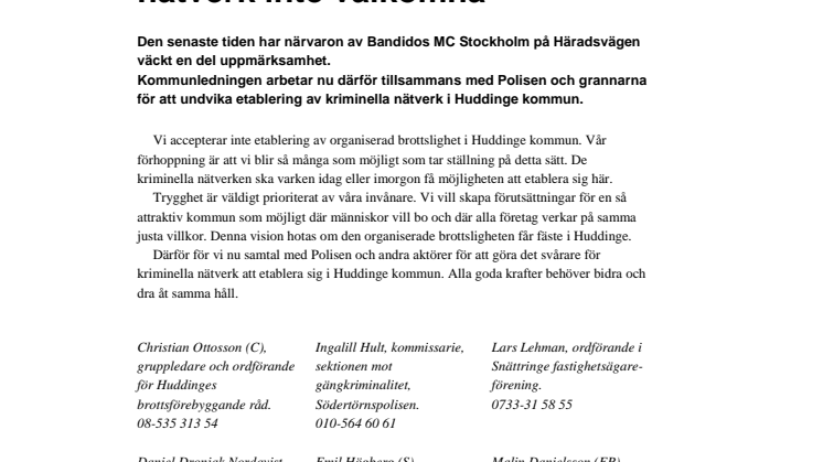 Kriminella nätverk är inte välkomna i Huddinge