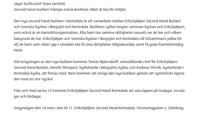 Erikshjälpen Second Hand Kortedala öppnar på lördag