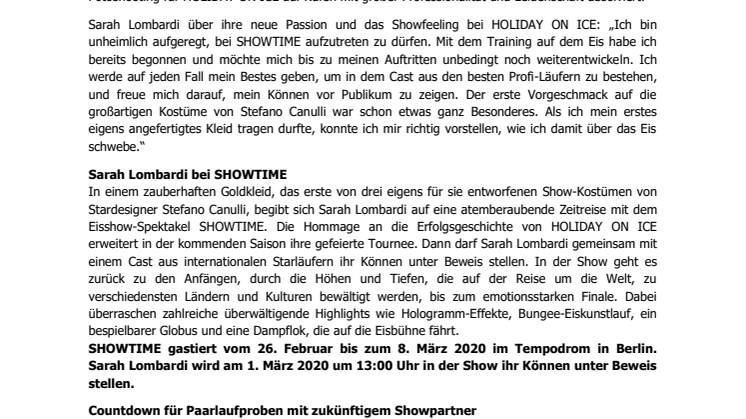 Sarah Lombardi feiert mit SHOWTIME die unvergleichliche Erfolgsstory von HOLIDAY ON ICE in Berlin