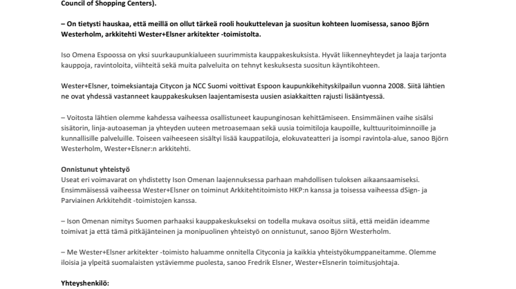 Lehdistötiedote: Arkkitehdit Wester+Elsner loivat Suomen parhaan kauppakeskuksen 2018
