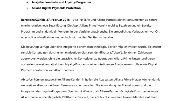 Neue Mobile Payment und Loyalty App von Allianz und Visa