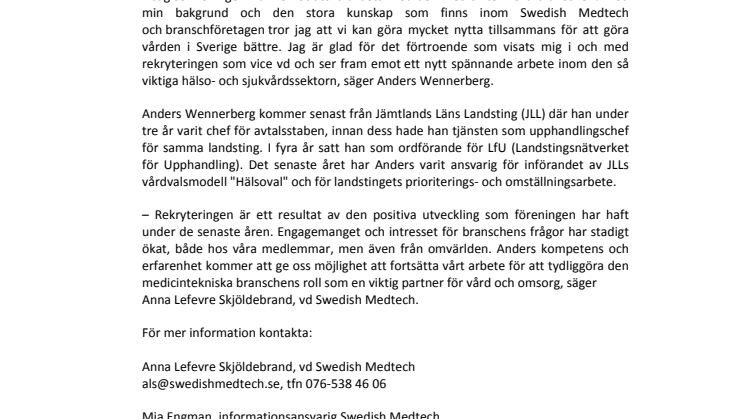 Anders Wennerberg, ny vice vd för Swedish Medtech