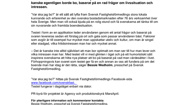 Svensk Fastighetsförmedling lanserar”Var ska jag bo?”