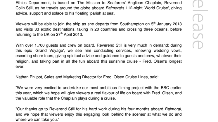 Join Fred. Olsen Cruise Lines’ Balmoral in  the BBC’s ‘The Cruise: A Life at Sea’