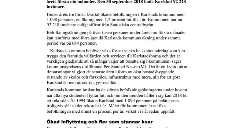 1 098 fler invånare i Karlstad hittills i år