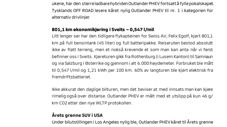 Globale utmerkelser og prestasjoner for Outlander PHEV