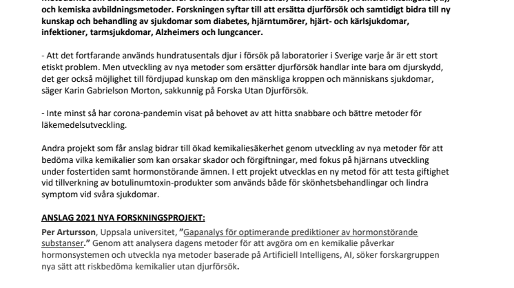13 FORSKNINGSPROJEKT SOM ERSÄTTER DJURFÖRSÖK FÅR ANSLAG 2021