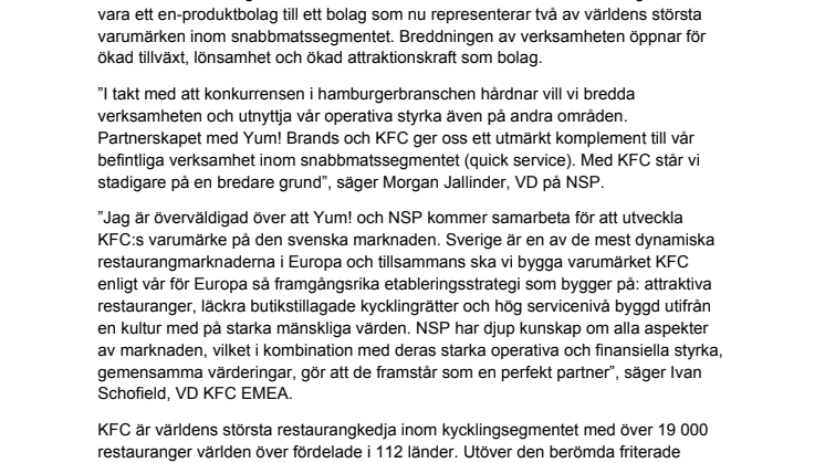 ​KFC (Kentucky Fried Chicken) lanseras i Sverige av Nordic Service Partners Holding AB