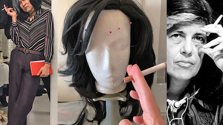 Kollage av Ming Wong: Ming Wong som Susan Wongtag, peruk och hand med cigarett, Susan Sontag.