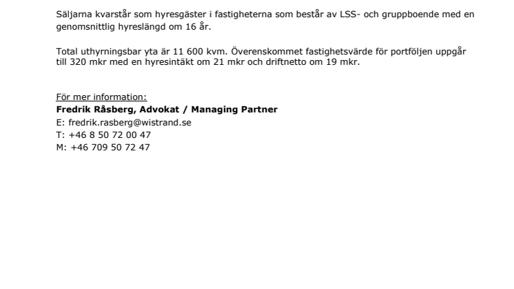 Wistrand biträder SBB vid förvärv av samhällsfastigheter i Sverige och Finland