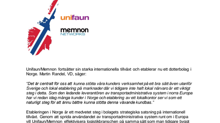 Fortsatt stark internationell tillväxt - Unifaun/Memnon Networks expanderar till Norge