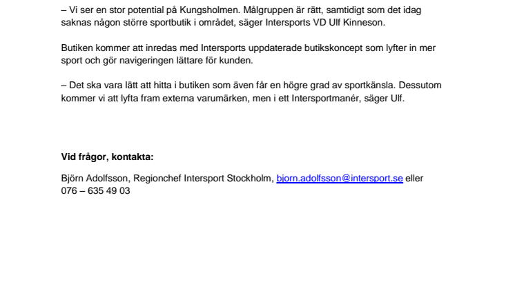 Intersport satsar med ny butik på Kungsholmen i Stockholm