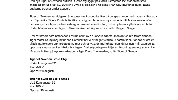 Tiger of Sweden öppnar nya butiker i Göteborg och Umeå 