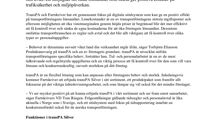 Fartskriver och transPA ingår samarbete  för att öka lönsamhet och konkurrenskraft  i nordisk transportbransch